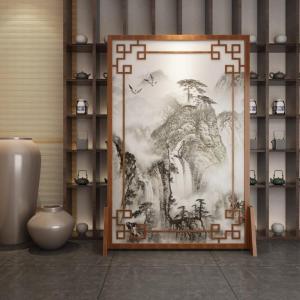 定制中式屏风客厅酒店山水镂空实木遮挡家用玄关隔断花鸟座屏 图案2胡桃木120*180