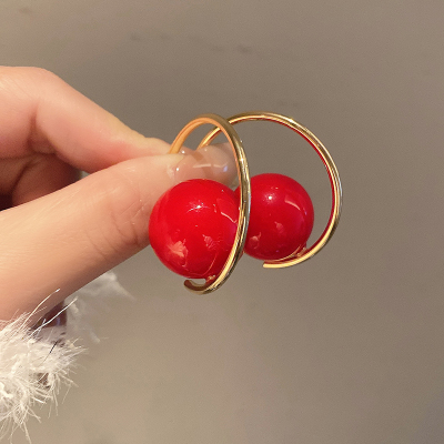 红色大珍珠耳钉女耳环小众设计感高级感2023年新年款洋气耳饰耳圈送女朋友老婆情人节七夕生日礼物