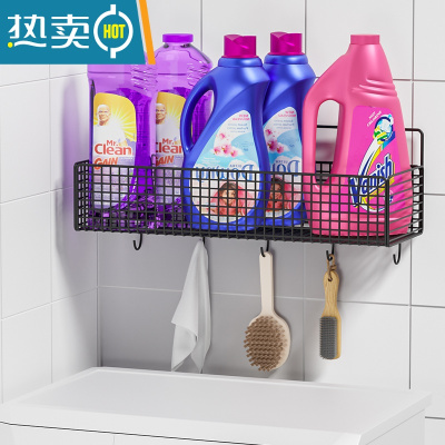 敬平洗衣机置物架上方免打孔墙上卫生间壁挂式阳台洗衣液收纳架子器 [升级款带挂钩]黑色大号(可挂洗衣刷、鞋刷)浴室置物架