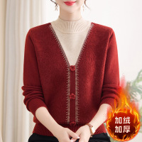 加绒保暖妈妈针织衫冬季加厚女士毛衣中老年人洋气中领冬装打底衫