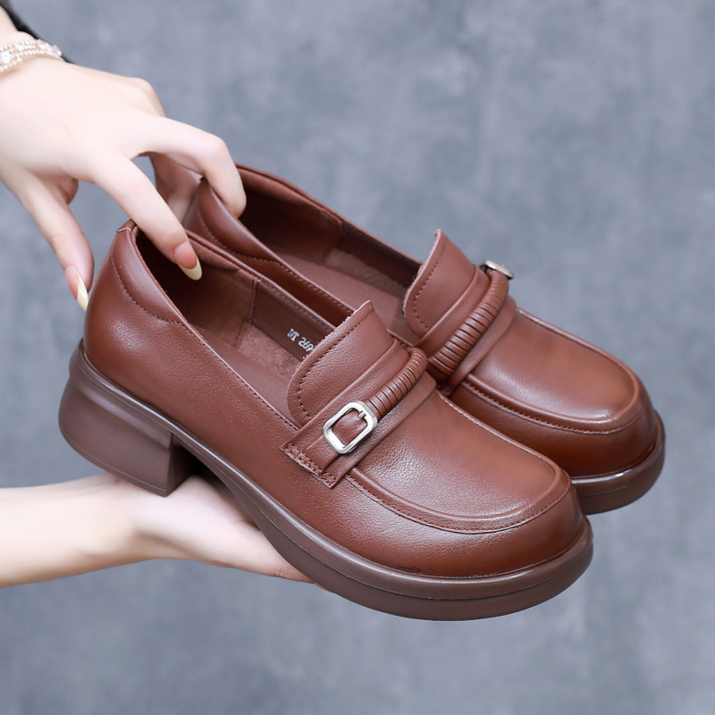 粗跟单鞋女款25新款春秋复古真牛皮英伦风一脚蹬小皮鞋四季乐福鞋