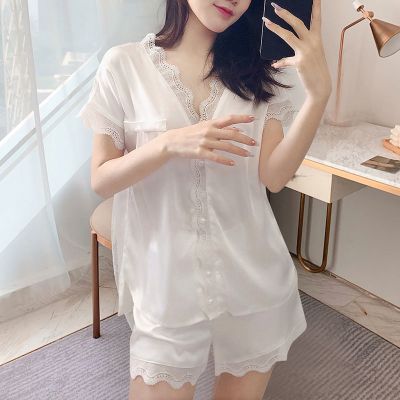 2021新品性感蕾丝花边睡衣女夏季薄款冰丝短袖短裤休闲家居服套装臻依缘