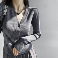 美式V领针织开衫女网红春秋弹力单排扣毛衣辣妹高腰短款露脐上衣_1