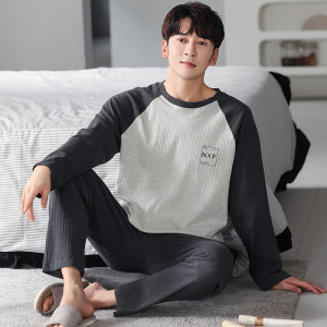 睡衣男士秋冬款棉质长袖圆领套装青少年休闲宽松可外穿大码家居服