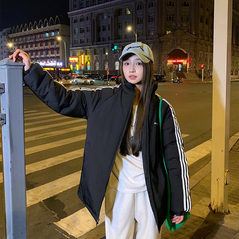 满天星两面穿情侣款夹克年冬季新款男女防风百搭条纹棉服外套