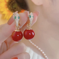 绿眼睛蛇形耳环精致百搭微镶耳扣轻奢气质新年本命年红色珍珠耳饰送女朋友老婆情人节七夕生日礼物