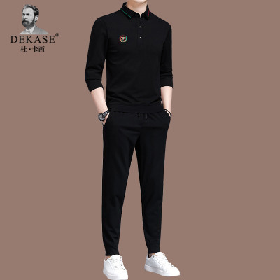 杜卡西品牌运动套装男春秋新款刺绣长袖长裤两件套轻奢黑色休闲套装