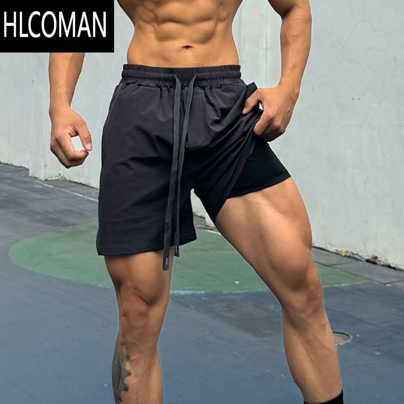 HLCOMAN运动裤男短裤双层带内衬夏季速干跑步训练深蹲透气健身四分裤弹力