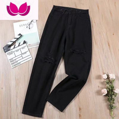 七斓美式街头黑色破洞牛仔裤男款潮牌复古ins宽松直筒九分裤子