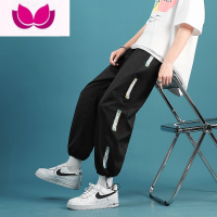 七斓休闲裤男夏季薄款宽松冰丝阔腿裤ins潮牌宽松字母印花束脚九分裤