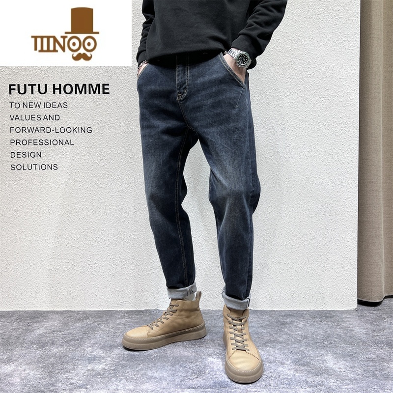 YANXU水洗棉弹牛仔裤男士2023秋季新款修身小直脚简单裁剪百搭长裤