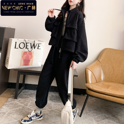 广赫2020秋冬卫衣运动休闲套装女开衫拉链宽松韩版束脚高腰卫裤两件套套装