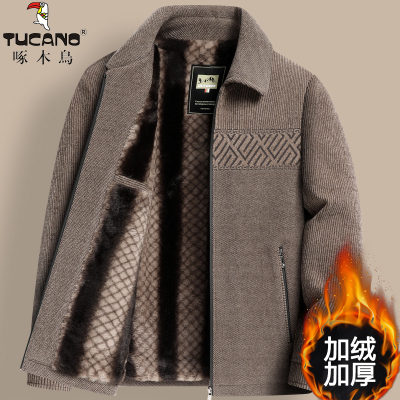 啄木鸟中老年人毛呢夹克男爸爸冬装外套加绒加厚冬季爷爷保暖棉衣