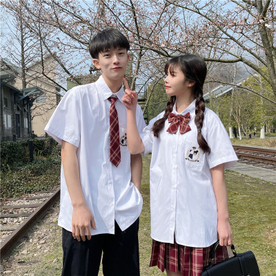 旗舰特卖-J制服衬衫D白衬衣短袖刺绣情侣学院风校供班服套装夏季男女格罗希