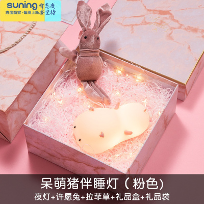 希杰狮王小猪小夜灯卧室床头少女ins创意睡眠夜光伴睡儿童卡通台灯不插电粉色夜灯+许愿兔+草+礼品盒+礼品袋灯具
