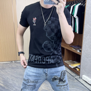 欧洲站夏季短袖T恤男士上衣卡通印花刺绣时尚半袖衫丝光棉体恤潮i