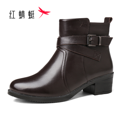 红蜻蜓短靴女冬款牛皮厚底粗跟女靴加绒加厚保暖棉皮鞋大码防滑女士马丁靴女低跟侧拉链切尔西中老年妈妈鞋