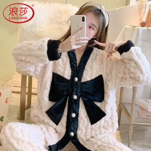 浪莎睡衣女长袖珊瑚绒秋冬季加绒加厚法兰绒冬天加大码家居服套装