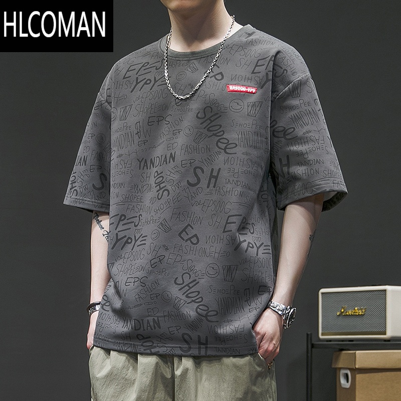 HLCOMAN冰丝短袖t恤男士夏季2025新款宽松速干衣服男款胖子大码半袖体恤
