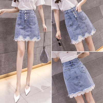 2021年夏季新款洋气蕾丝花边拼接牛仔半身裙女高腰显瘦A字包臀裙