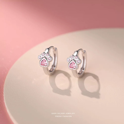 爱心猫爪耳环女S999纯银甜美气质耳扣锆石耳圈网红耳饰品批发送女朋友老婆情人节七夕生日礼物