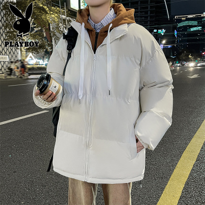 花花公子新款假两件棉衣男连帽宽松青少年加厚保暖冬季外套男