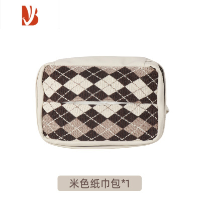 三维工匠车载纸巾盒抽座椅多挂式皮革创意欧式千鸟格纸巾包车用抽纸盒 米色菱格纸巾包
