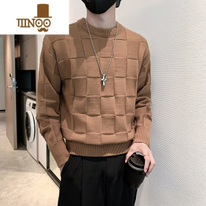 YANXU2023新款纯色格子毛衣男士修身感圆领秋季百搭潮牌针织打底衫