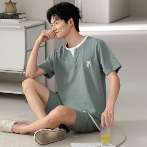 男士睡衣夏季纯棉薄款凉感短袖短裤套头两件套男生家居服大码套装