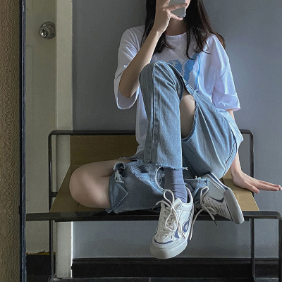 广赫破洞牛仔裤女直筒宽松高腰显瘦九分大码女装胖妹妹mm乞丐裤女阔腿牛仔裤