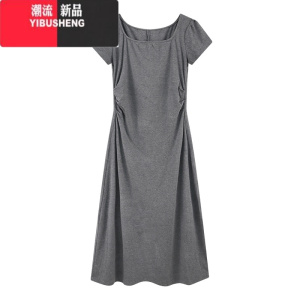 YIBUSHENG法式气质小个子方领短袖连衣裙女2024季新款收腰修身中长款裙子