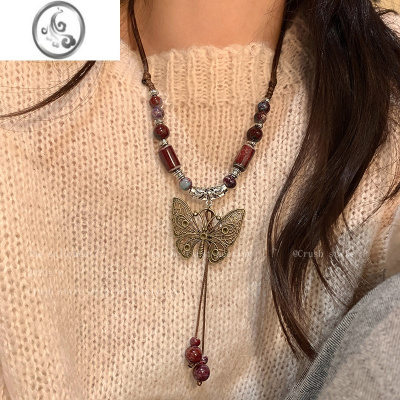 JiMi民族风陶瓷蝴蝶铃铛项链女夏2023年新款潮锁骨链复古长款吊坠配饰