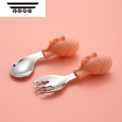 拓斯帝诺小宝宝学吃饭训练勺子短柄叉子硅胶婴儿童餐具套装喂饭辅食勺一岁316粉色斑马圆叉弯勺款02（配收纳盒）