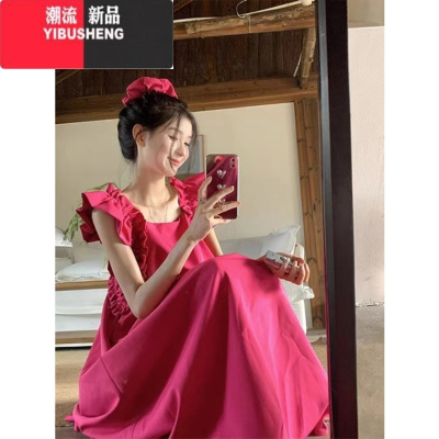 YIBUSHENG法式木耳边飞飞袖玫红色方领连衣裙女季海边度假宽松显瘦长裙子