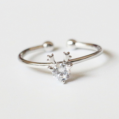 一路有你S925纯银小鹿戒指精致镶钻鹿头开口女戒学生圣诞节礼物女送女朋友老婆情人节七夕生日礼物