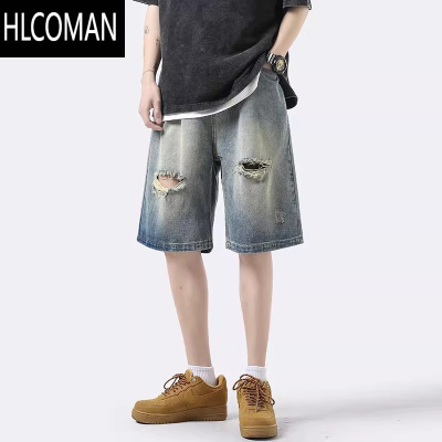 HLCOMAN破洞牛仔短裤男夏季薄款美式高街潮牌外穿直筒裤痞帅休闲五分裤子