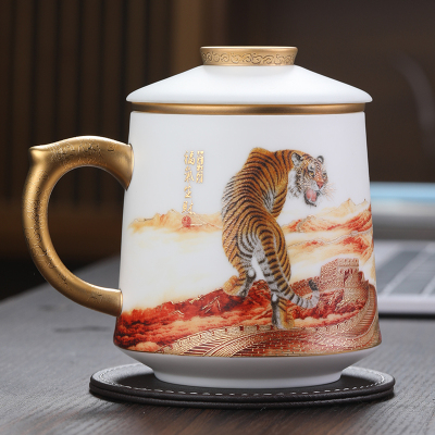 MULTIPOTENT玉瓷办公杯陶瓷带盖福气生财茶杯赤红 工艺美术师郑雄伟大师作品精美伴手礼盒套装