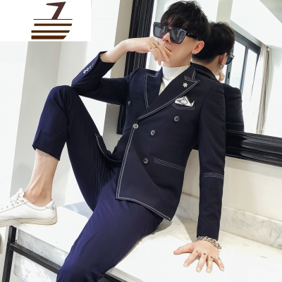 NEWLAKE男士潮流帅气双排扣休闲西服韩国修身版小西装套装精神小伙两件套