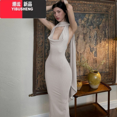 YIBUSHENG纯欲风飘带挂脖荡领连衣裙2024春新款辣妹性感修身显瘦包臀长裙