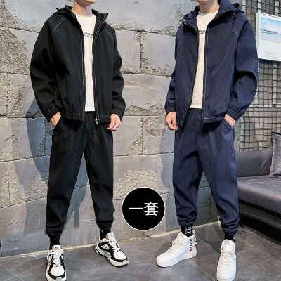 休闲套装男2021春秋新款潮流运动宽松帅气连帽工装外套衣服男一套约龙