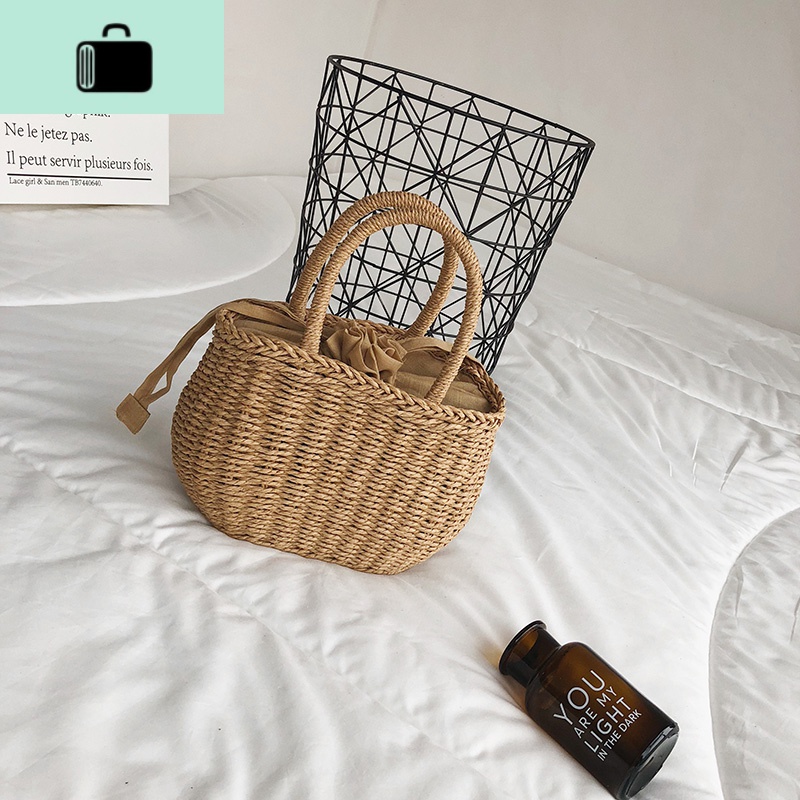 夏天人手一个的编包编织女包巴厘岛沙滩度假旅行手提包抽绳包NEW LAKE 卡其色女士单肩包