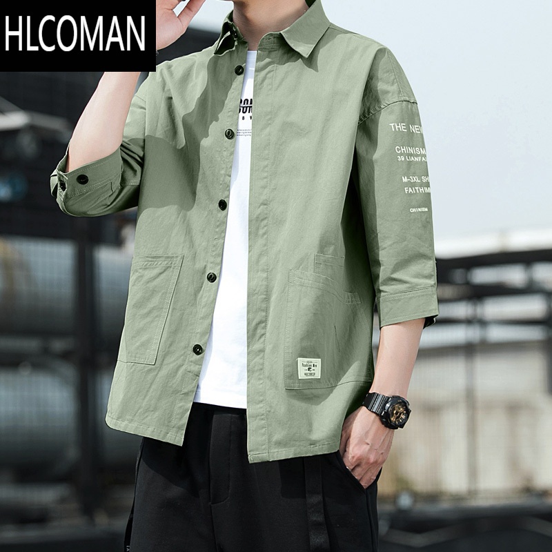 HLCOMAN夏季七分袖衬衫男潮牌韩版痞帅薄款工装外套宽松百搭休闲短袖衬衣