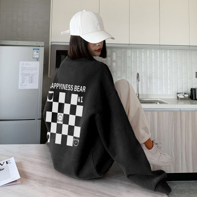 [1折价39.9元,叠加优惠券]棋盘格印花圆领卫衣女春装新款韩版个性时尚百搭酷潮范