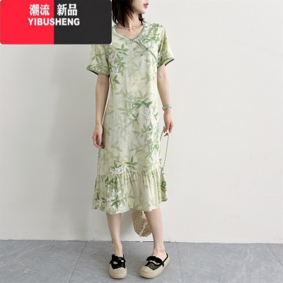 YIBUSHENG2024年新款新中式棉绸连衣裙女季收腰显瘦旗袍式气质人造棉裙子