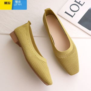 聚范方头单鞋女针织中跟浅口飞织透气一脚蹬软底舒适奶奶鞋子布鞋