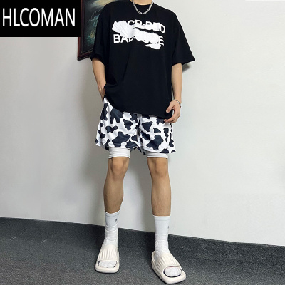 HLCOMAN奶牛豹纹美式短裤男潮牌运动四分裤夏季跑步速干训练假篮球裤