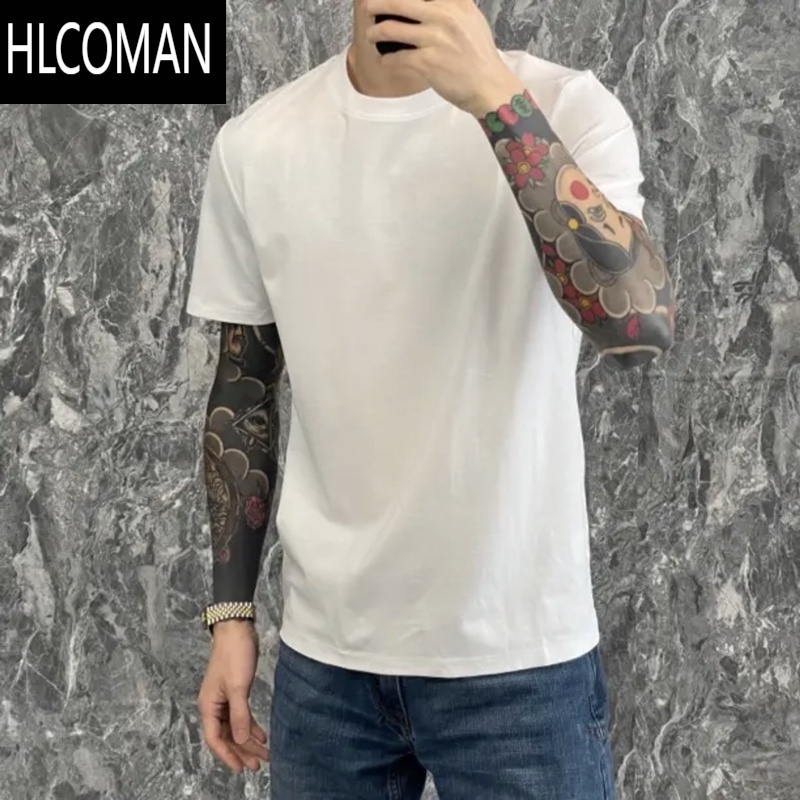 HLCOMAN网红白色短袖T恤男2025纯色圆领内搭体恤修身打底衫潮