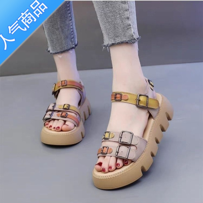 SUNTEK凉鞋女2023夏季新款韩版松糕底露脚趾罗马凉靴厚底百搭软皮凉鞋女