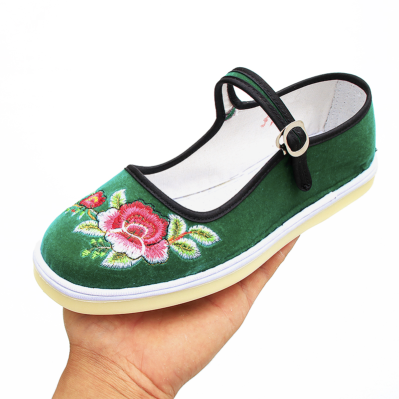 尚美嘉足民族风老北京绣花鞋女布鞋绿色花布鞋结婚舞蹈演出用平底棉布