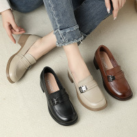 真皮女鞋2025春季新款一脚蹬软底乐福鞋软底方头金属扣闰月小皮鞋